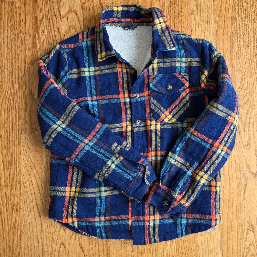 EDDIE BAUER Boys Plaid Shacket | 8-10 | Cozy Faux Sherpa Lining Button Down